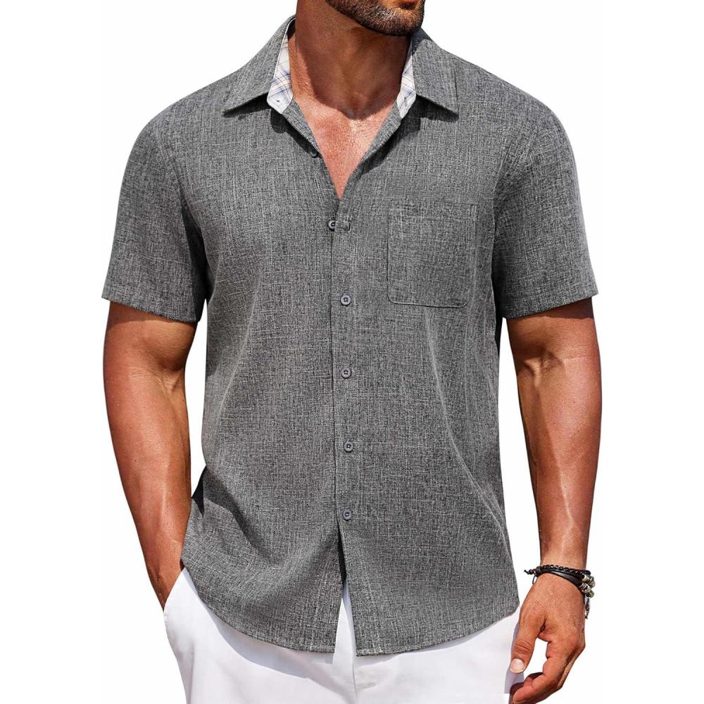 imageCOOFANDY Mens Linen Short Sleeve Button Down Shirts Casual Summer Beach Vacation ShirtsGranite Gray