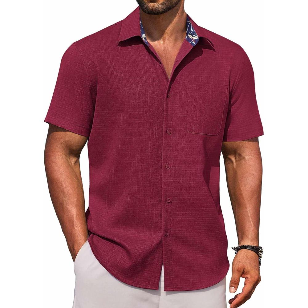 imageCOOFANDY Mens Linen Short Sleeve Button Down Shirts Casual Summer Beach Vacation ShirtsRed Dahlia