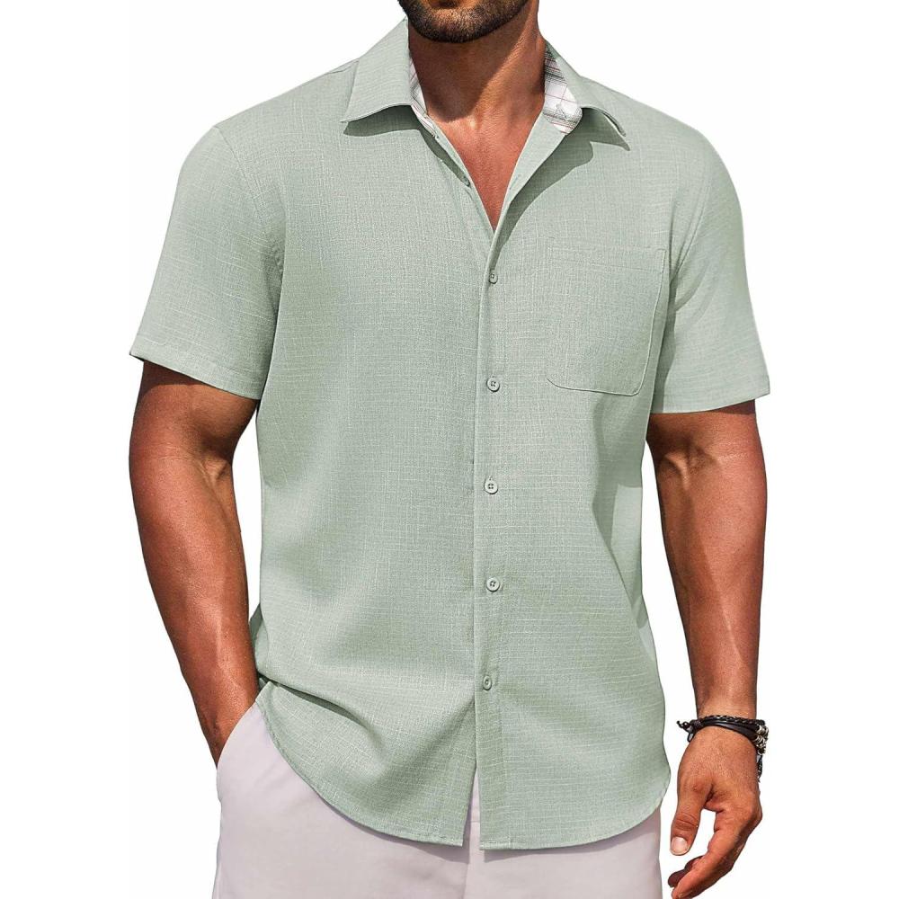 imageCOOFANDY Mens Linen Short Sleeve Button Down Shirts Casual Summer Beach Vacation ShirtsSea Foam