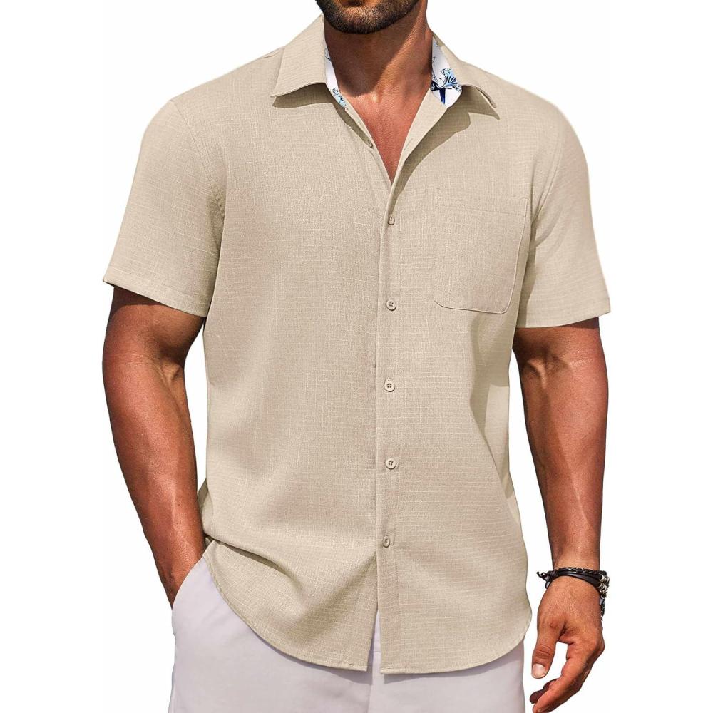 imageCOOFANDY Mens Linen Short Sleeve Button Down Shirts Casual Summer Beach Vacation ShirtsShortbread