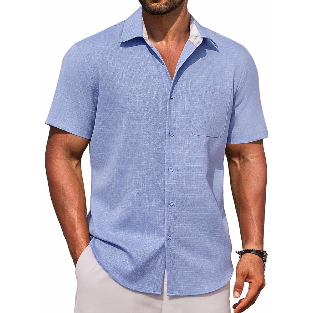 imageCOOFANDY Mens Linen Short Sleeve Button Down Shirts Casual Summer Beach Vacation ShirtsTrue Blue