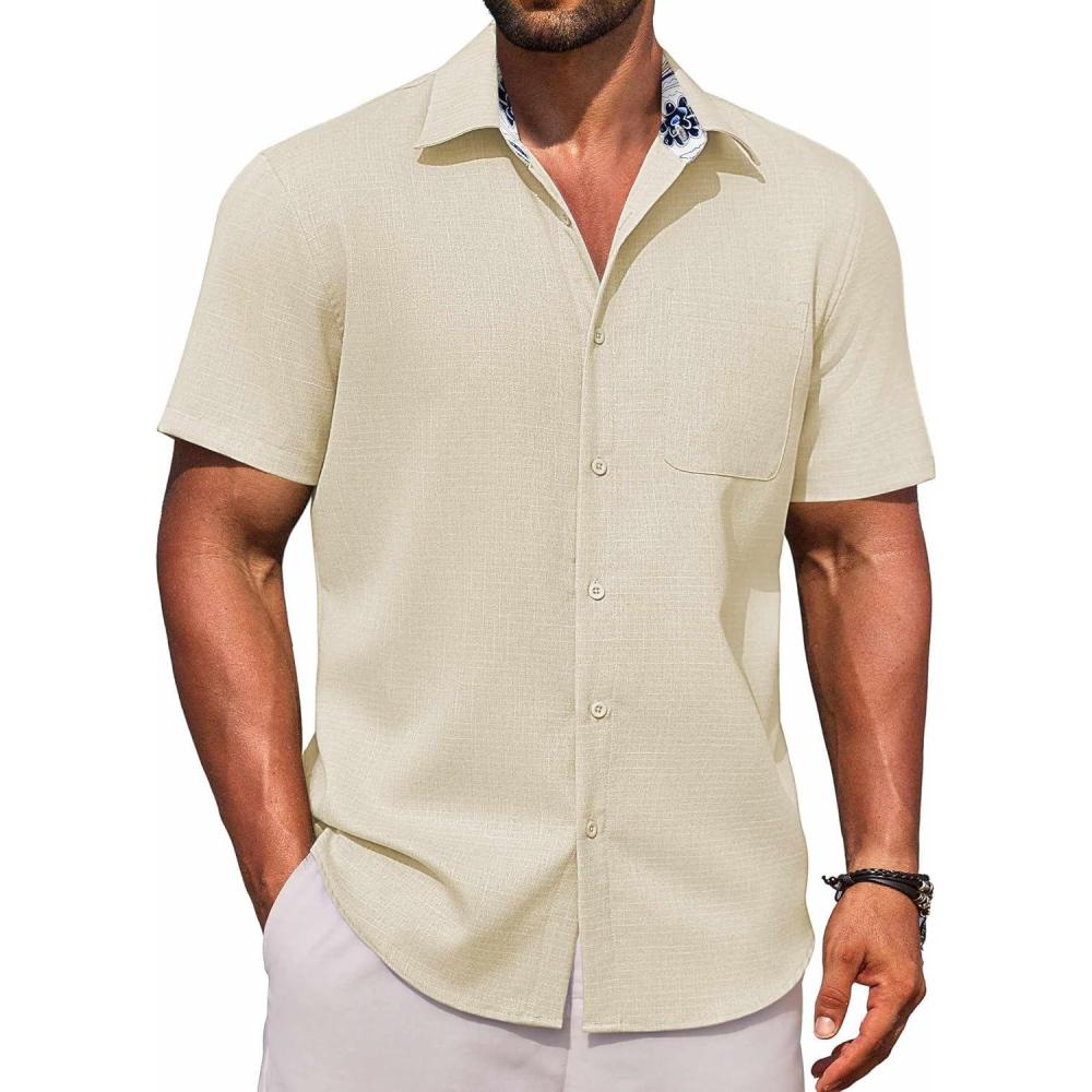 imageCOOFANDY Mens Linen Short Sleeve Button Down Shirts Casual Summer Beach Vacation ShirtsVanilla Ice