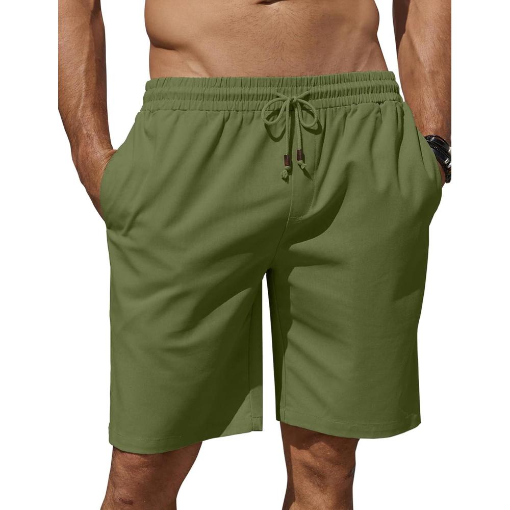 imageCOOFANDY Mens Linen Shorts Casual Summer Beach Shorts Elastic Waist Drawstring Vacation Shorts with PocketsArmy Green