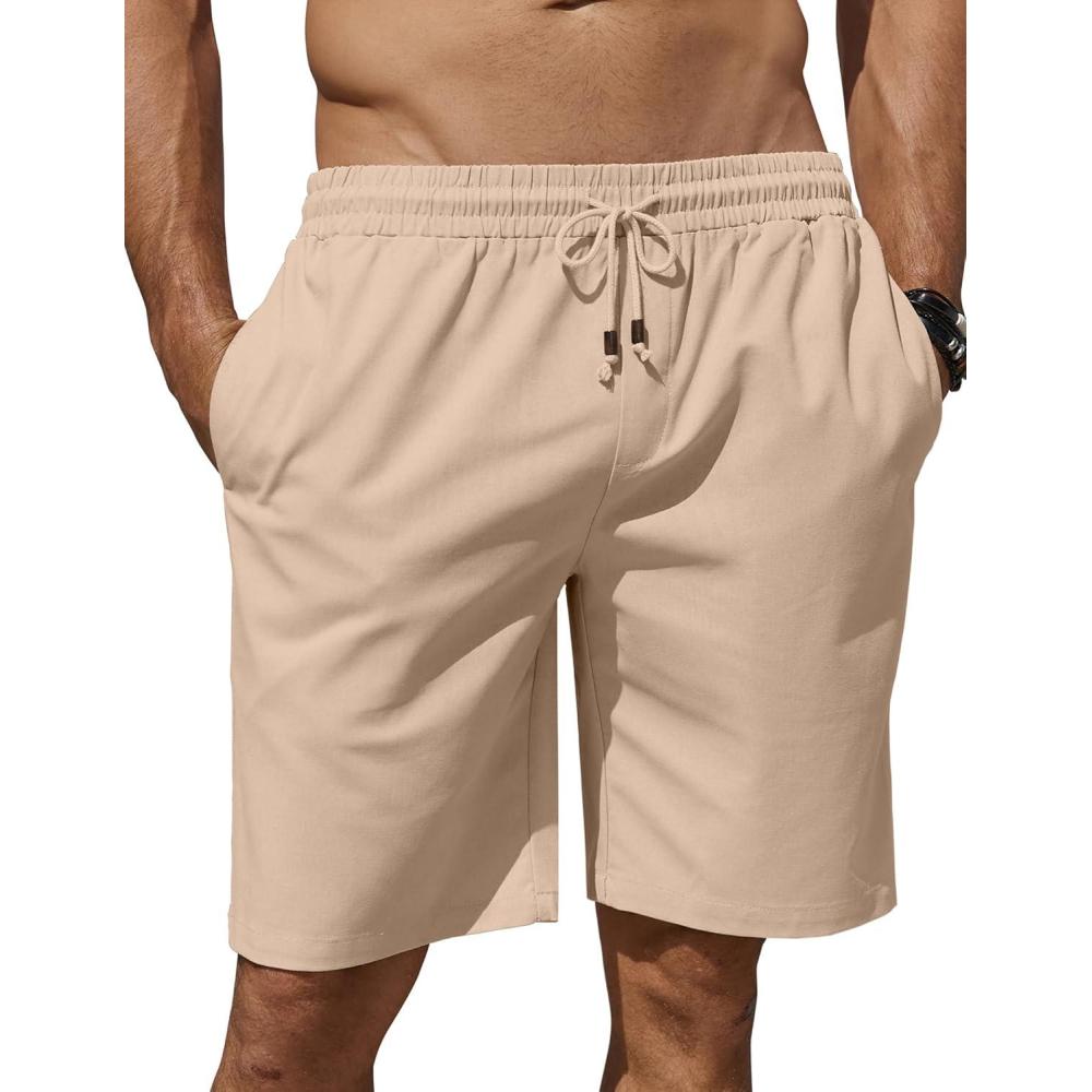 imageCOOFANDY Mens Linen Shorts Casual Summer Beach Shorts Elastic Waist Drawstring Vacation Shorts with PocketsDark Khaki