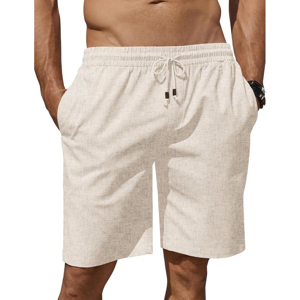 imageCOOFANDY Mens Linen Shorts Casual Summer Beach Shorts Elastic Waist Drawstring Vacation Shorts with PocketsLinen Khaki