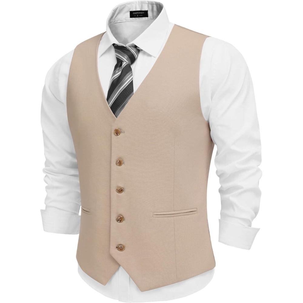 imageCOOFANDY Mens Linen Vest Casual Linen Slim Fit Suit Vests Dress Waistcoat Wedding Business PromKhaki
