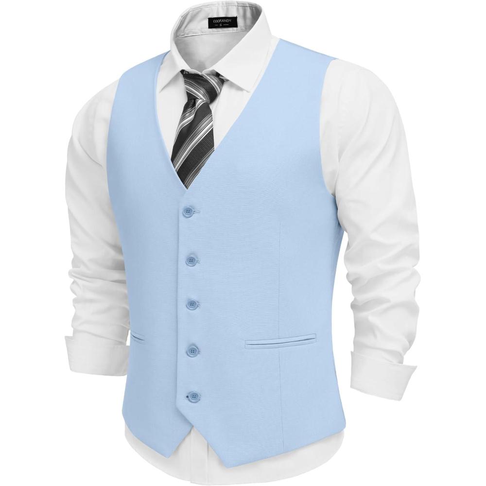 imageCOOFANDY Mens Linen Vest Casual Linen Slim Fit Suit Vests Dress Waistcoat Wedding Business PromLight Blue