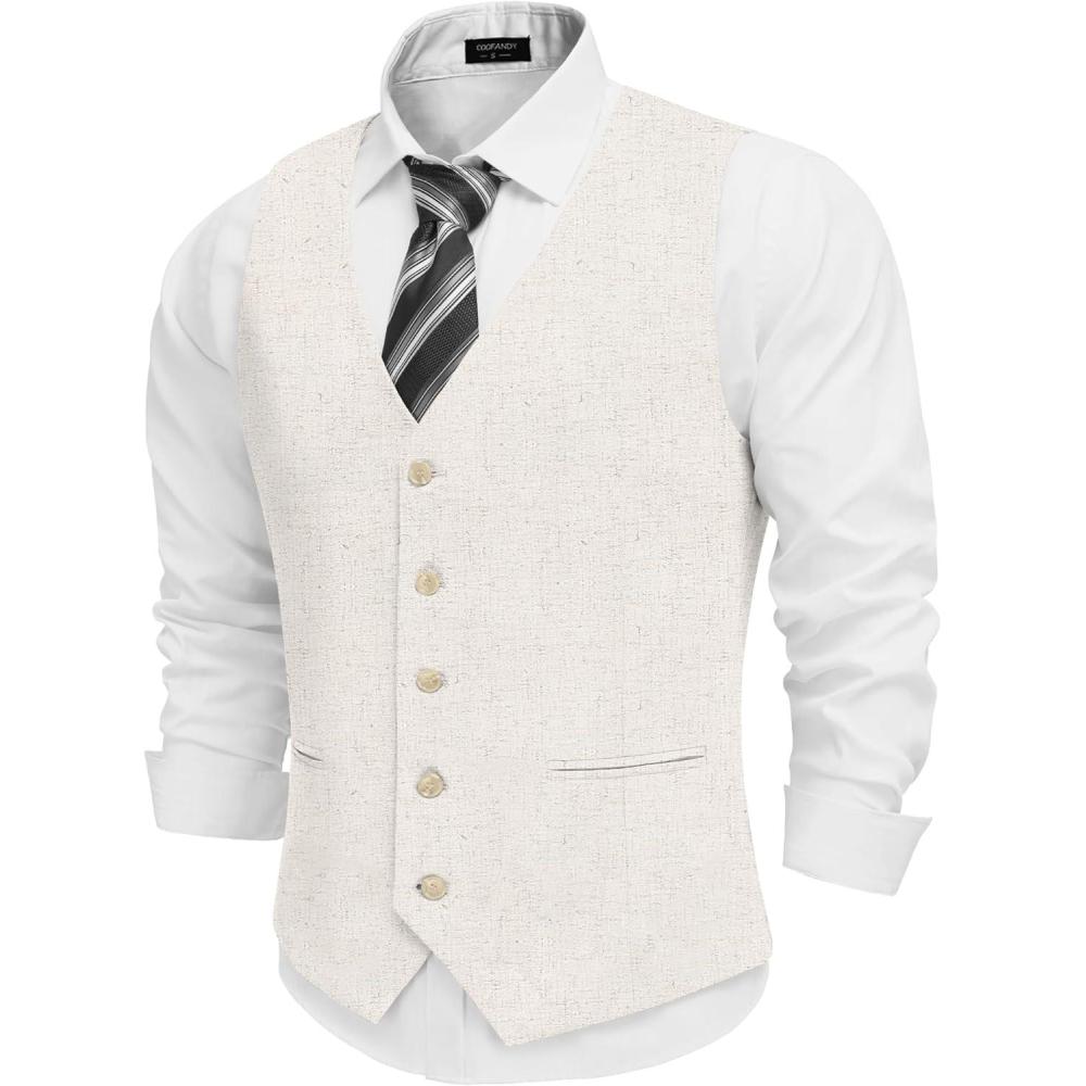 imageCOOFANDY Mens Linen Vest Casual Linen Slim Fit Suit Vests Dress Waistcoat Wedding Business PromLight Khaki