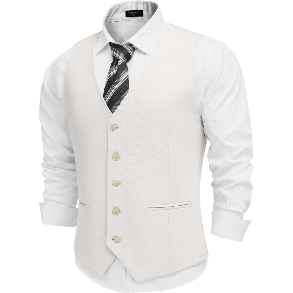 imageCOOFANDY Mens Linen Vest Casual Linen Slim Fit Suit Vests Dress Waistcoat Wedding Business PromWhite