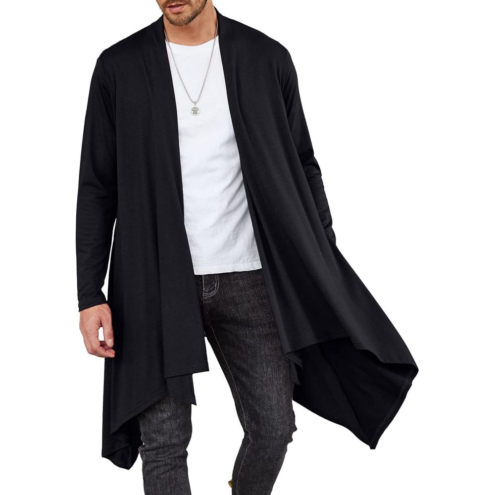 imageCOOFANDY Mens Long Cardigan Ruffle Shawl Collar Lightweight Open Front Drape Cape Overcoat with Pockets