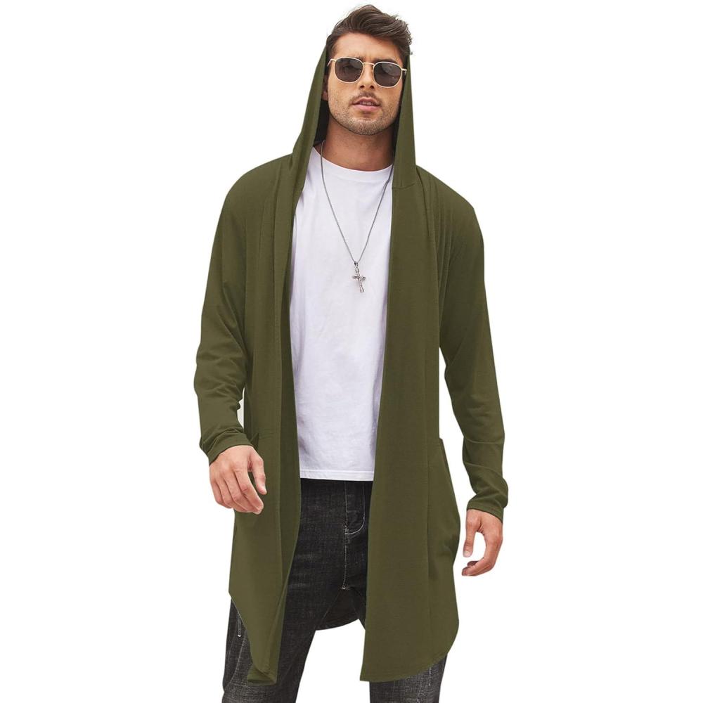 imageCOOFANDY Mens Long Hooded Cardigan Shawl Collar Lightweight Open Front Drape Cape Overcoat with PocketsArm Green