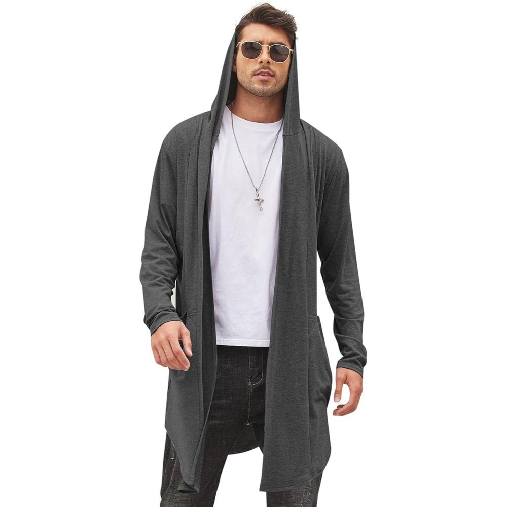 imageCOOFANDY Mens Long Hooded Cardigan Shawl Collar Lightweight Open Front Drape Cape Overcoat with PocketsDark Gray
