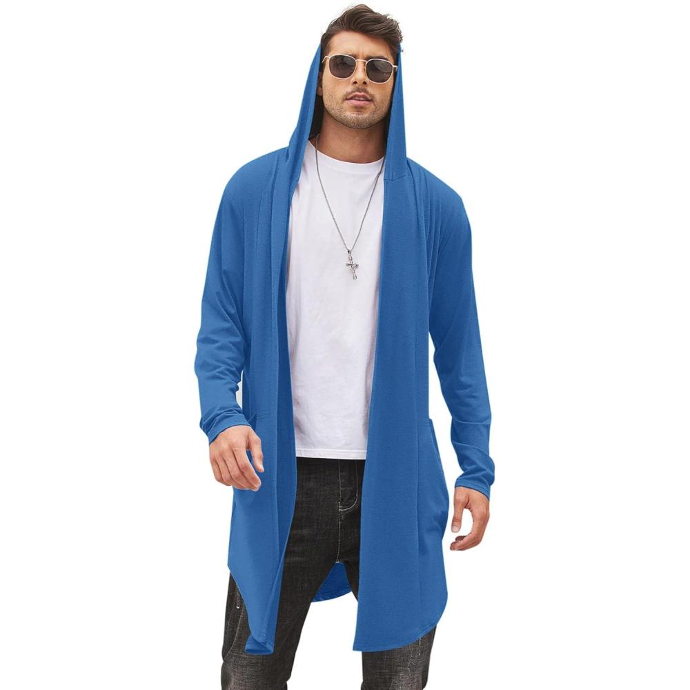 imageCOOFANDY Mens Long Hooded Cardigan Shawl Collar Lightweight Open Front Drape Cape Overcoat with PocketsDark Navy