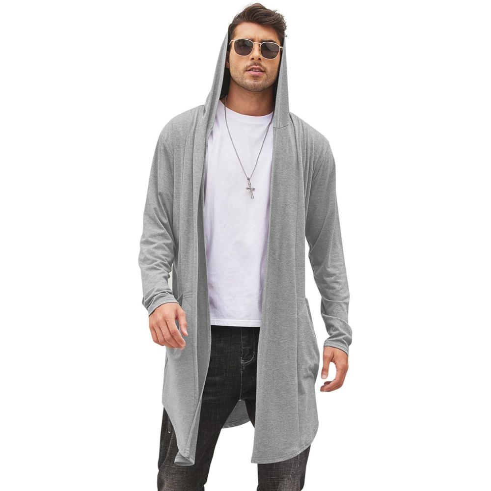 imageCOOFANDY Mens Long Hooded Cardigan Shawl Collar Lightweight Open Front Drape Cape Overcoat with PocketsLight Grey