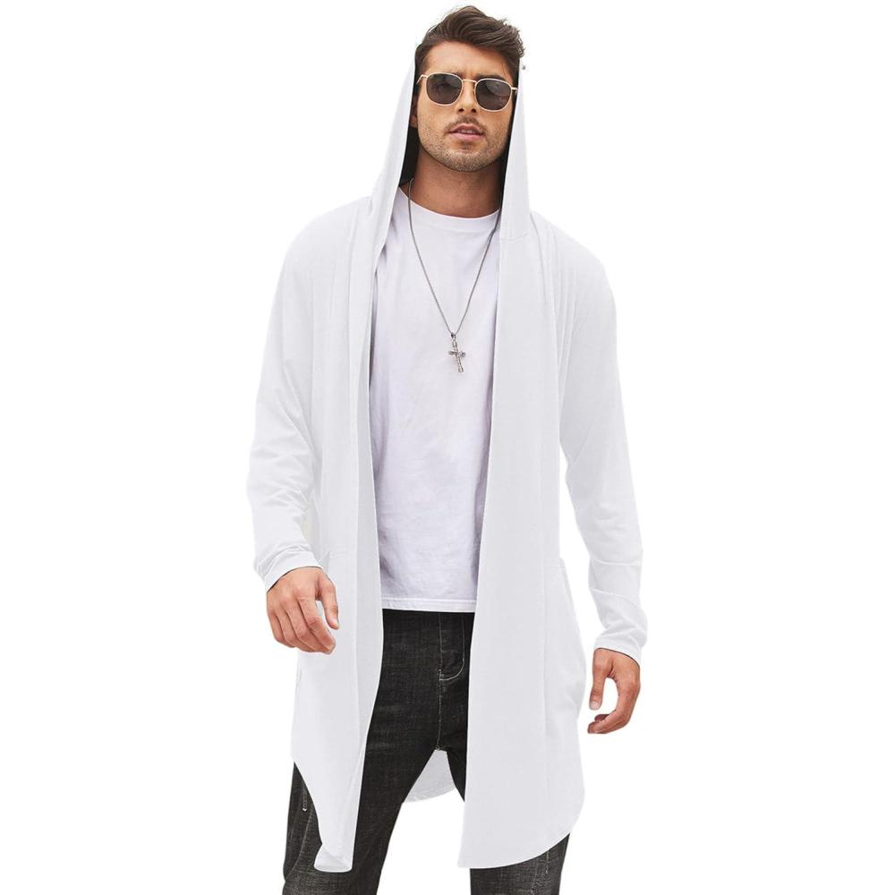 imageCOOFANDY Mens Long Hooded Cardigan Shawl Collar Lightweight Open Front Drape Cape Overcoat with PocketsWhite