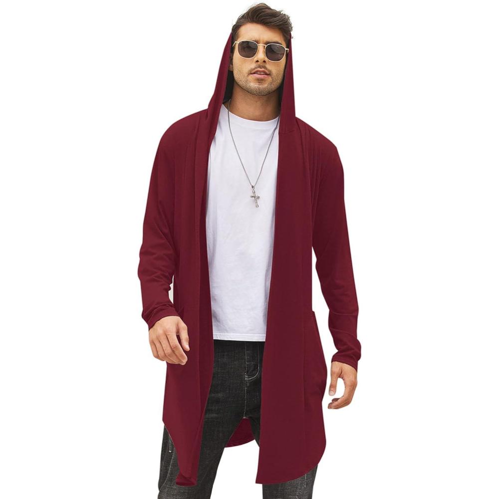 imageCOOFANDY Mens Long Hooded Cardigan Shawl Collar Lightweight Open Front Drape Cape Overcoat with PocketsWine Red