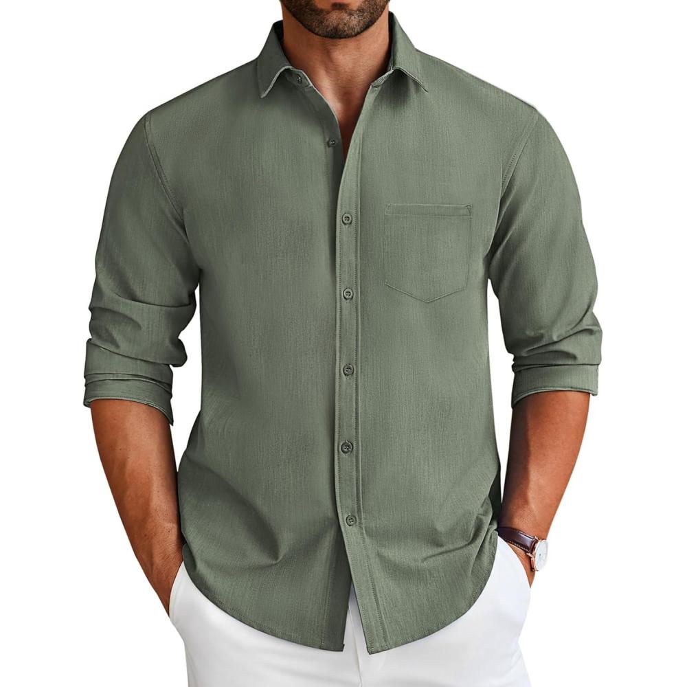 imageCOOFANDY Mens Long Sleeve Button Down Shirt Casual Lightweight Shacket Spring Fall Shirt Jacket Overshirt with PocketsArmy Green