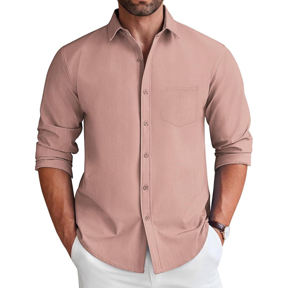 imageCOOFANDY Mens Long Sleeve Button Down Shirt Casual Lightweight Shacket Spring Fall Shirt Jacket Overshirt with PocketsDusty Pink