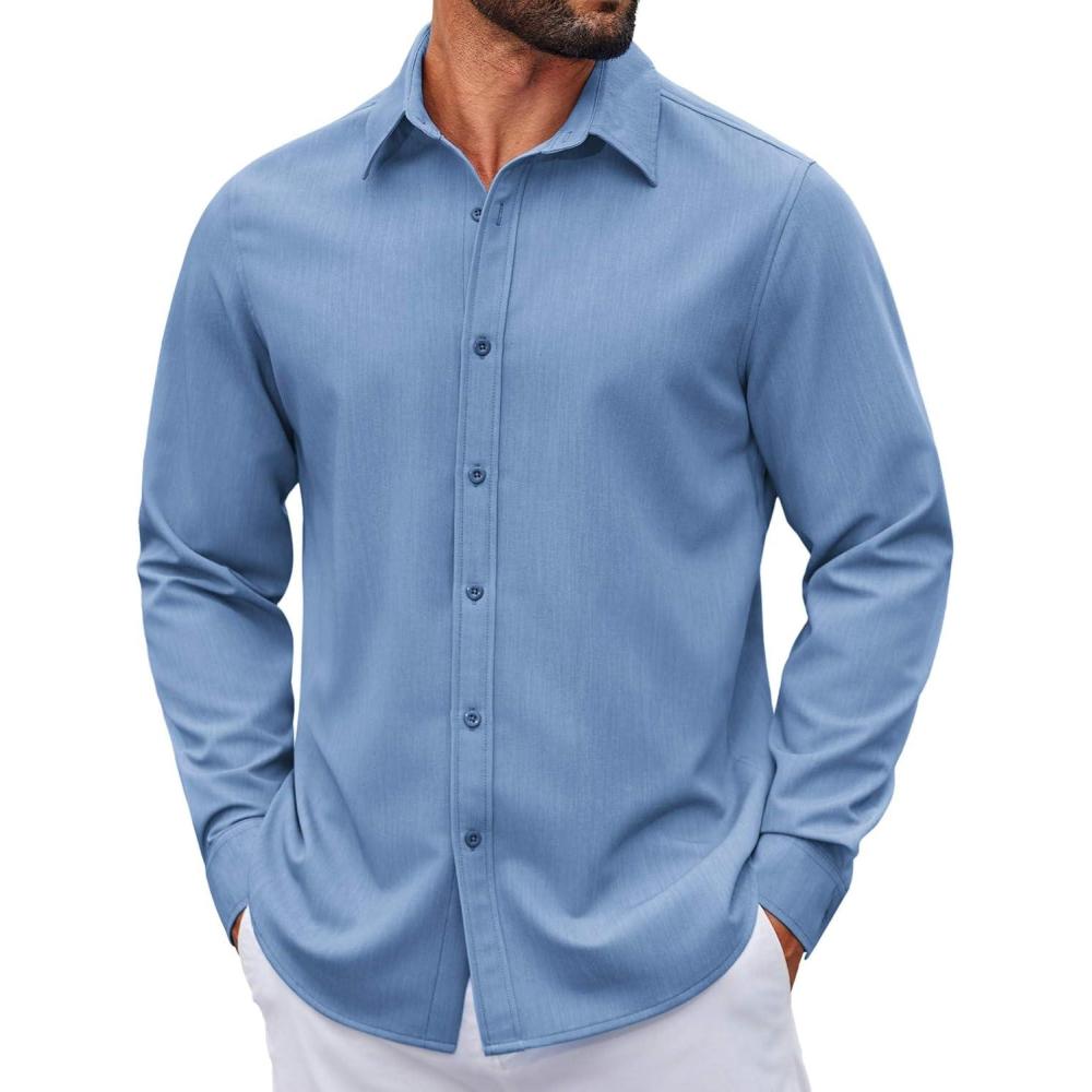 imageCOOFANDY Mens Long Sleeve Button Down Shirt Casual Lightweight Shacket Spring Fall Shirt Jacket Overshirt with PocketsLight Blue
