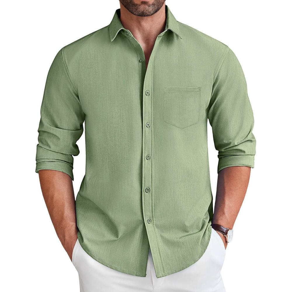 imageCOOFANDY Mens Long Sleeve Button Down Shirt Casual Lightweight Shacket Spring Fall Shirt Jacket Overshirt with PocketsLight Green