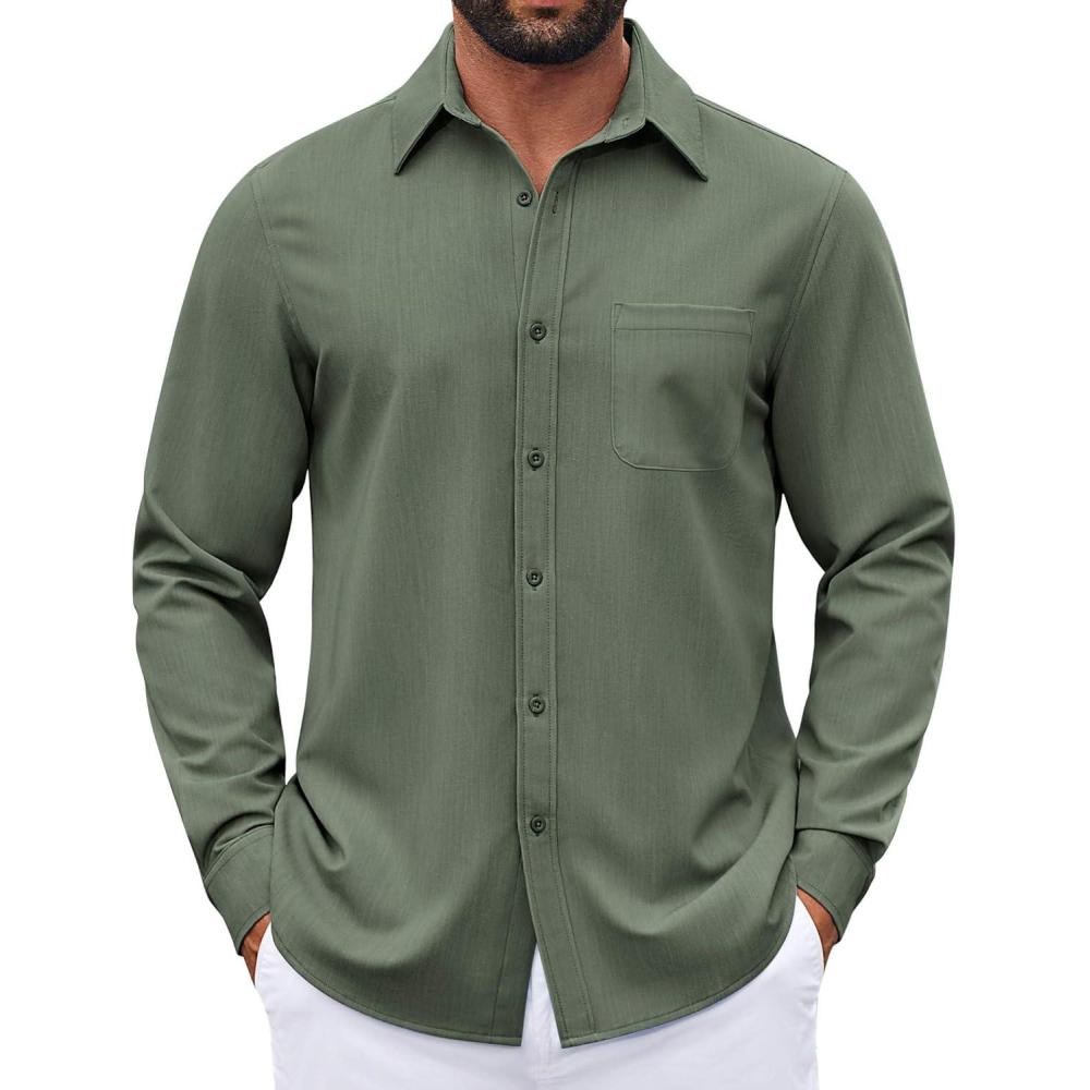 imageCOOFANDY Mens Long Sleeve Button Down Shirt Casual Lightweight Shacket Spring Fall Shirt Jacket Overshirt with PocketsOlive Green