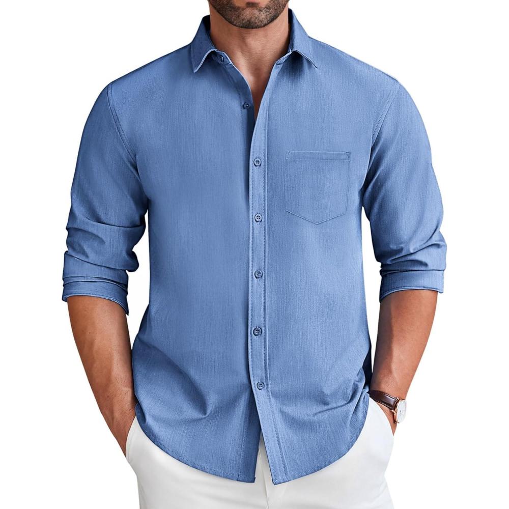 imageCOOFANDY Mens Long Sleeve Button Down Shirt Wrinkle Free Untucked Dress Shirt Casual Denim ShirtBlue