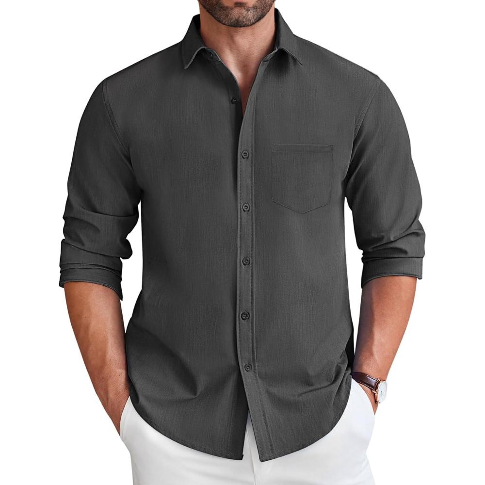 imageCOOFANDY Mens Long Sleeve Button Down Shirt Wrinkle Free Untucked Dress Shirt Casual Denim ShirtDark Grey