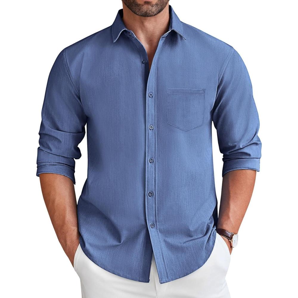 imageCOOFANDY Mens Long Sleeve Button Down Shirt Wrinkle Free Untucked Dress Shirt Casual Denim ShirtDeep Blue