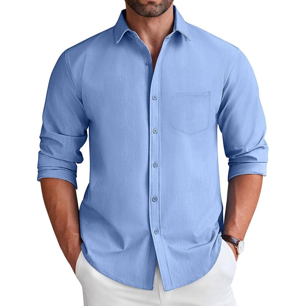 imageCOOFANDY Mens Long Sleeve Button Down Shirt Wrinkle Free Untucked Dress Shirt Casual Denim ShirtLight Blue