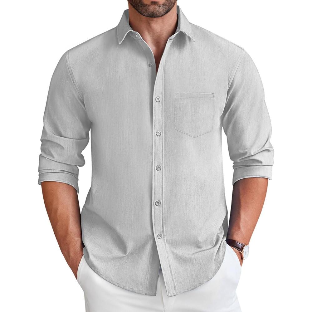 imageCOOFANDY Mens Long Sleeve Button Down Shirt Wrinkle Free Untucked Dress Shirt Casual Denim ShirtLight Grey