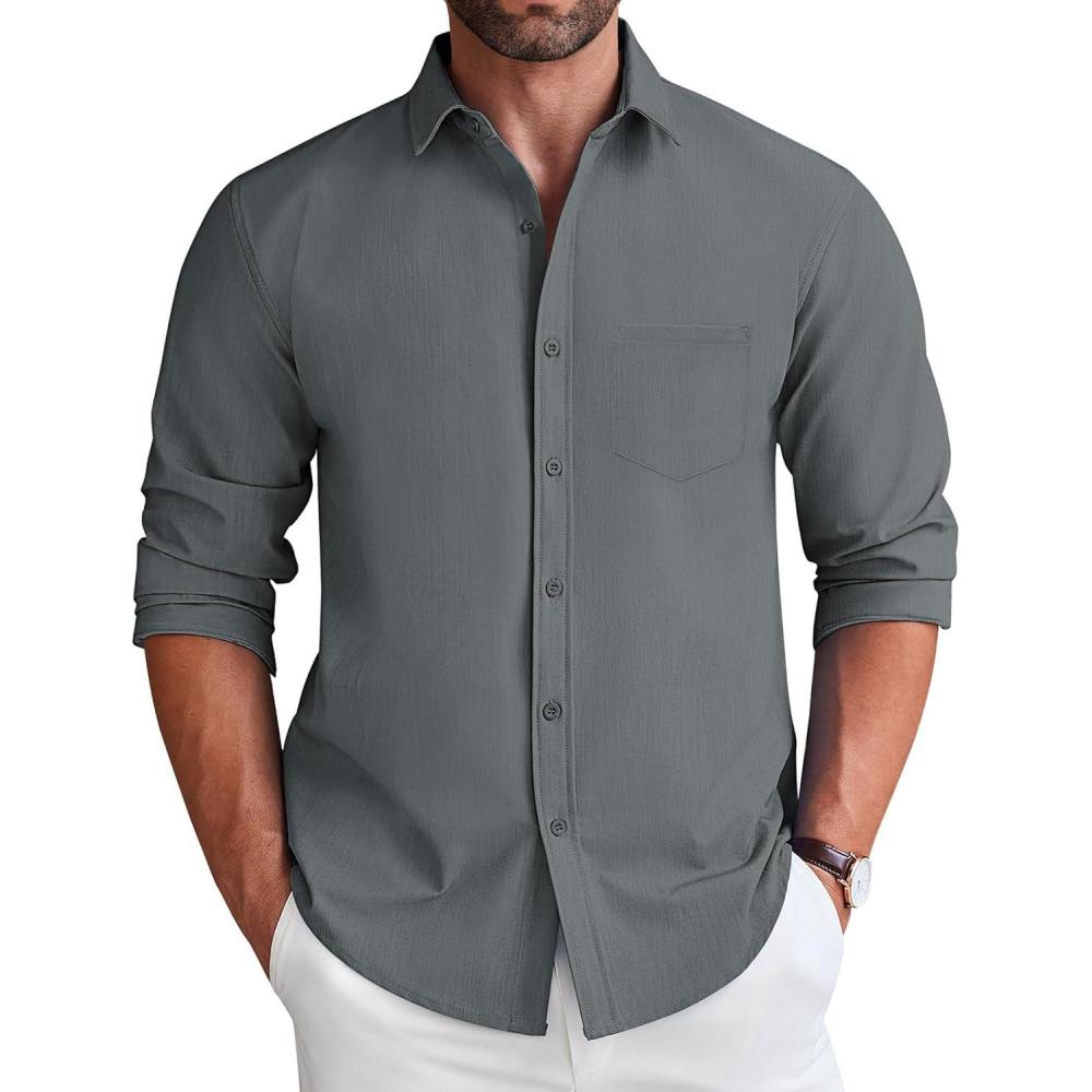 imageCOOFANDY Mens Long Sleeve Button Down Shirt Wrinkle Free Untucked Dress Shirt Casual Denim ShirtMedium Grey