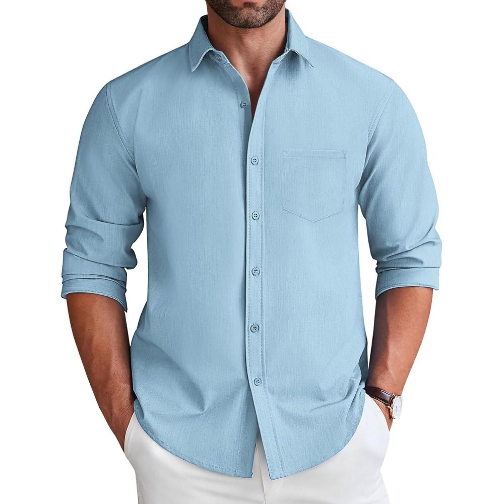 imageCOOFANDY Mens Long Sleeve Button Down Shirt Wrinkle Free Untucked Dress Shirt Casual Denim ShirtSky Blue