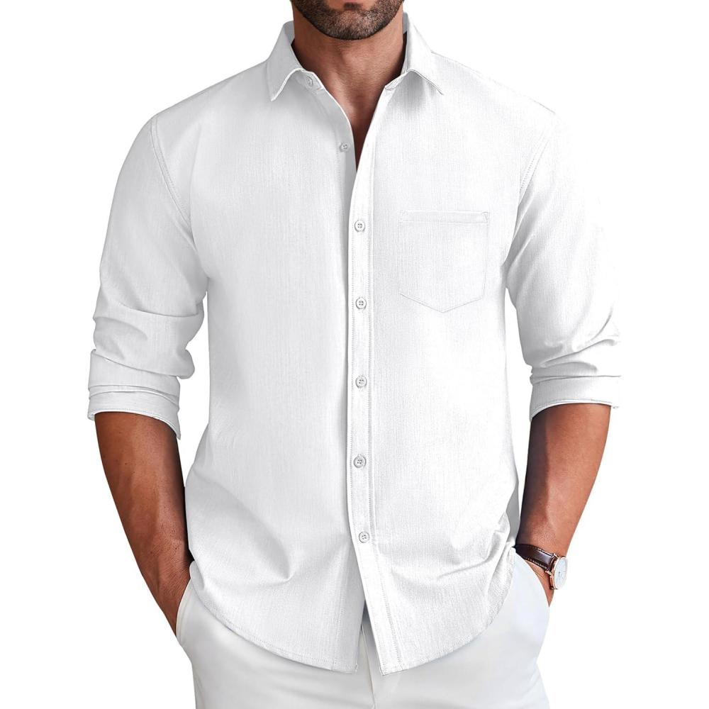 imageCOOFANDY Mens Long Sleeve Button Down Shirt Wrinkle Free Untucked Dress Shirt Casual Denim ShirtWhite