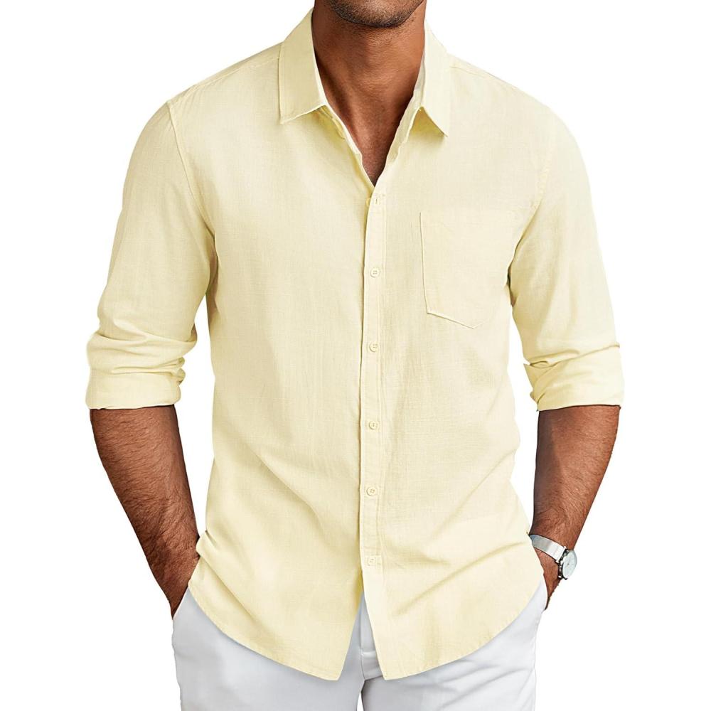 imageCOOFANDY Mens Long Sleeve Button Down Shirts Casual Cotton Linen Shirts Summer Beach Shirt with PocketBeige