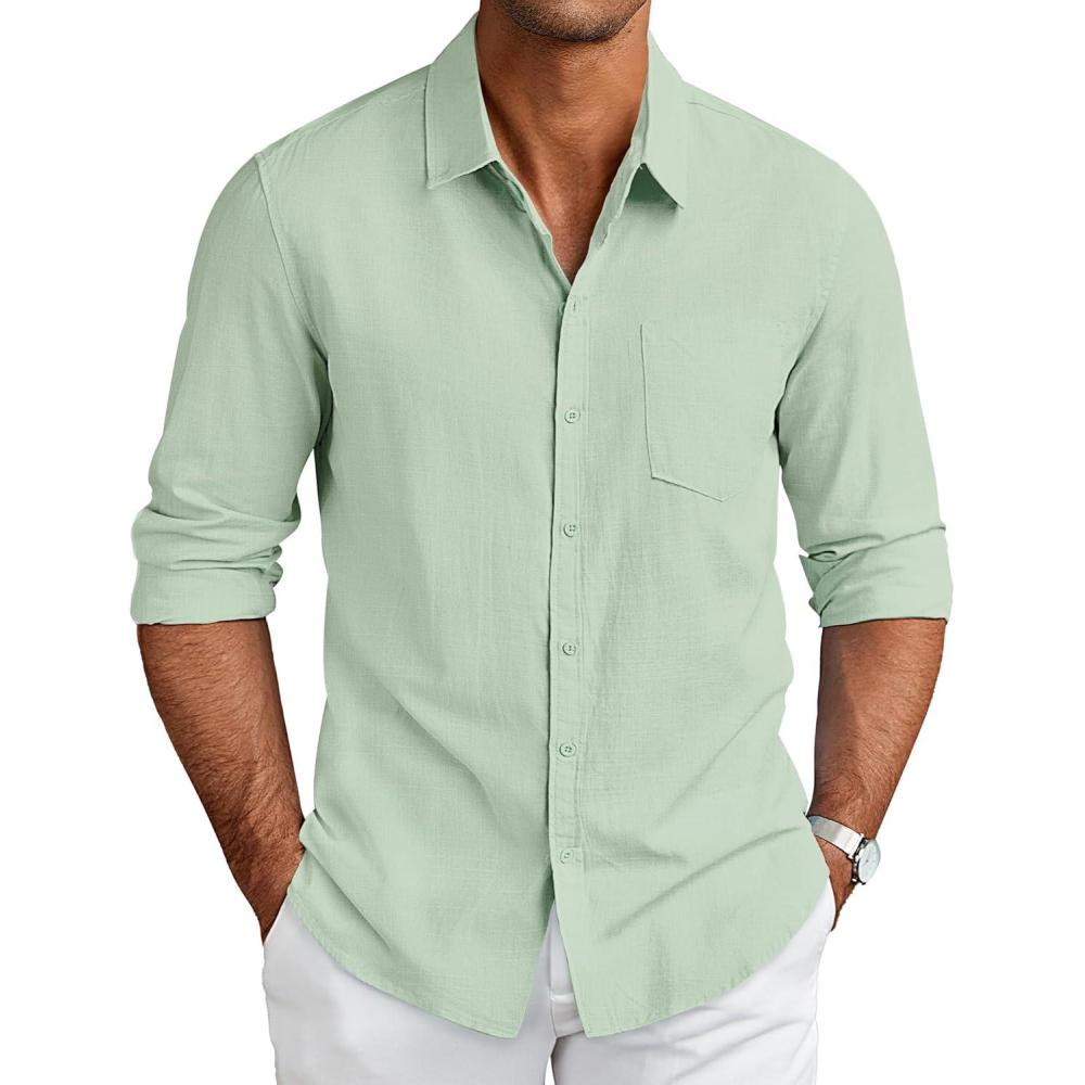 imageCOOFANDY Mens Long Sleeve Button Down Shirts Casual Cotton Linen Shirts Summer Beach Shirt with PocketLight Green