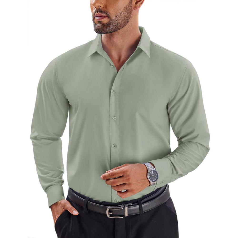 imageCOOFANDY Mens Long Sleeve Button Down Shirts Casual Untucked Dress Shirt Beach Wedding ShirtsLight Green