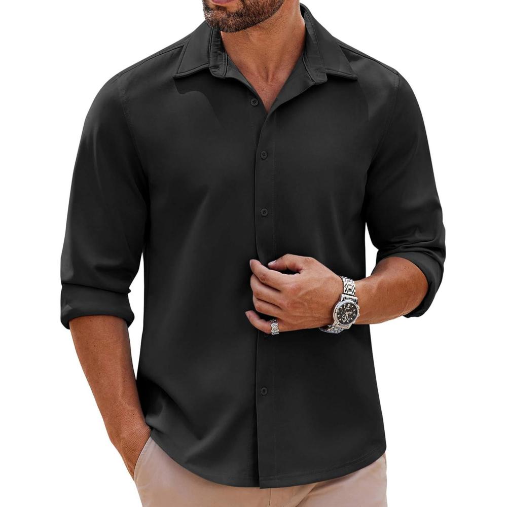 imageCOOFANDY Mens Long Sleeve Button Down Shirts Casual Untucked Shirts Stretch ShirtsBlack