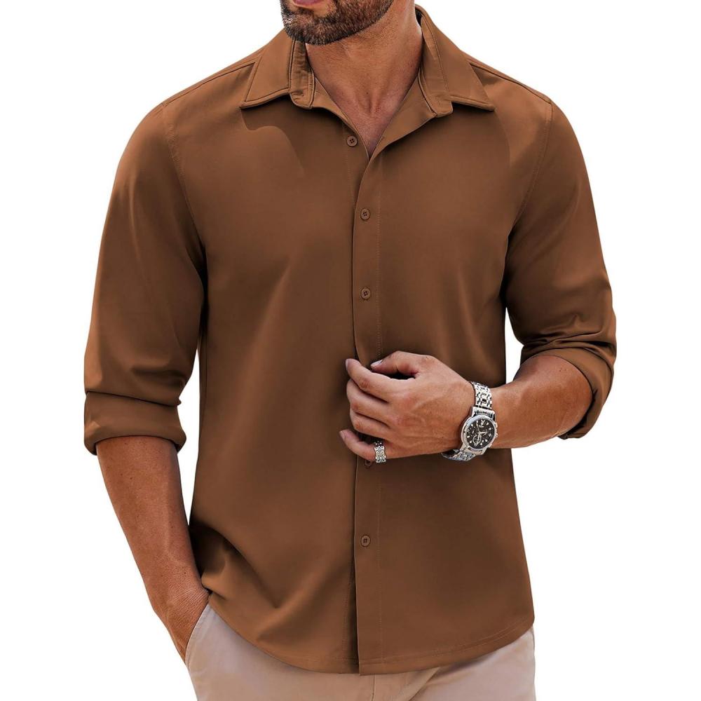 imageCOOFANDY Mens Long Sleeve Button Down Shirts Casual Untucked Shirts Stretch ShirtsBrown