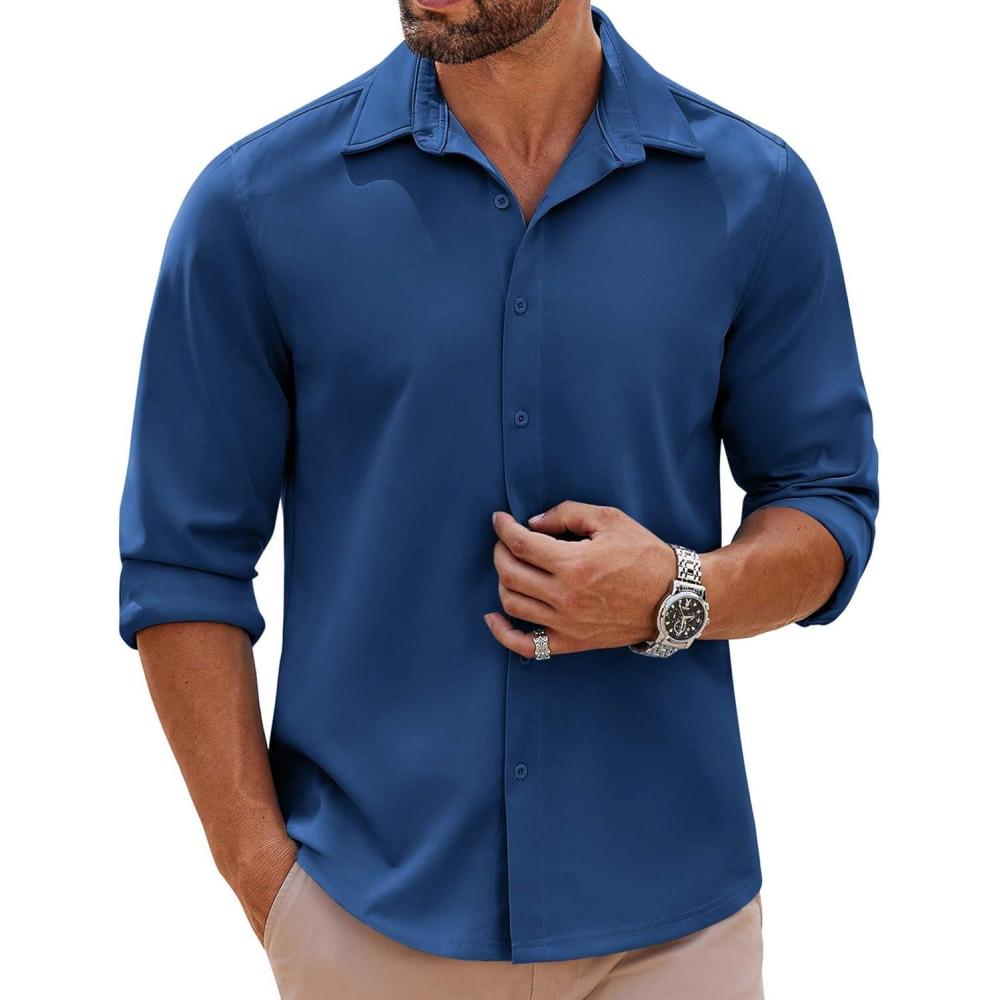 imageCOOFANDY Mens Long Sleeve Button Down Shirts Casual Untucked Shirts Stretch ShirtsDark Blue