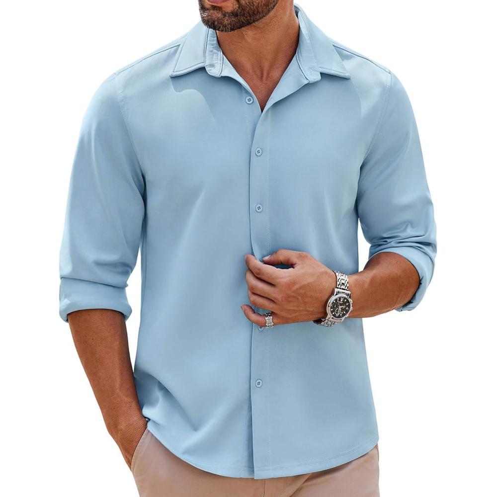 imageCOOFANDY Mens Long Sleeve Button Down Shirts Casual Untucked Shirts Stretch ShirtsLight Blue
