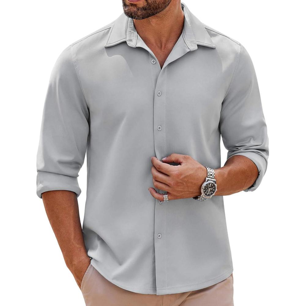 imageCOOFANDY Mens Long Sleeve Button Down Shirts Casual Untucked Shirts Stretch ShirtsLight Grey
