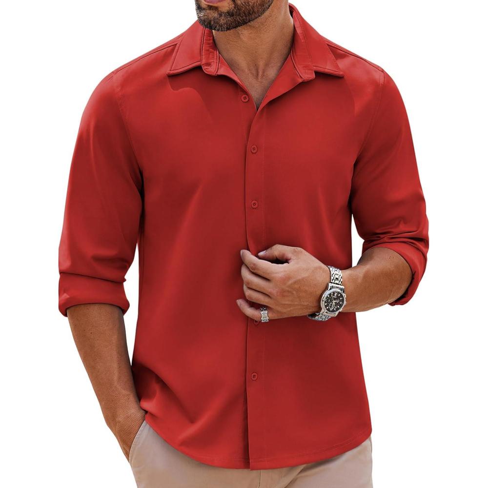 imageCOOFANDY Mens Long Sleeve Button Down Shirts Casual Untucked Shirts Stretch ShirtsRed