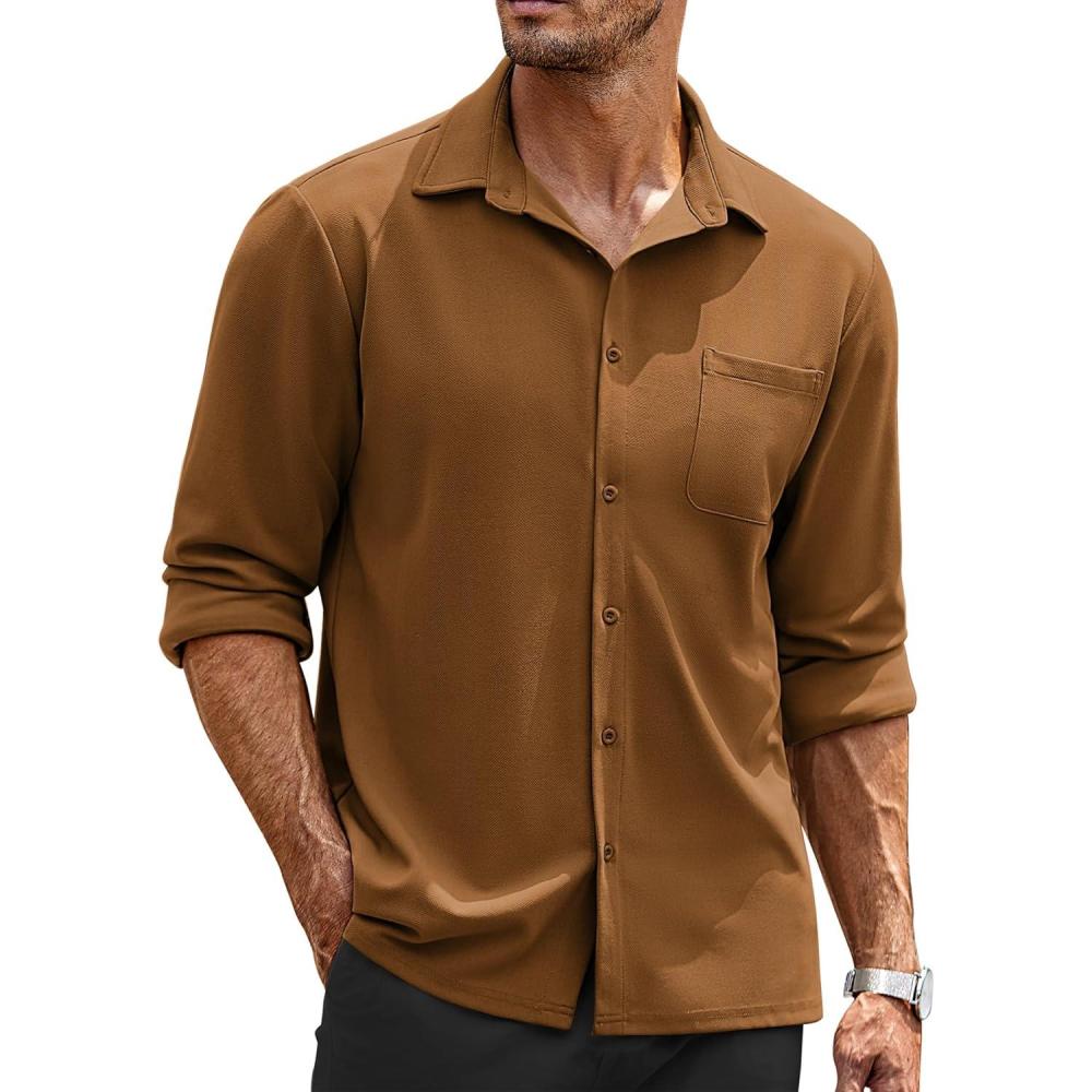 imageCOOFANDY Mens Long Sleeve Button Down Shirts Wrinkle Free Untucked Shirts Casual Dress Shirt for MenBrown