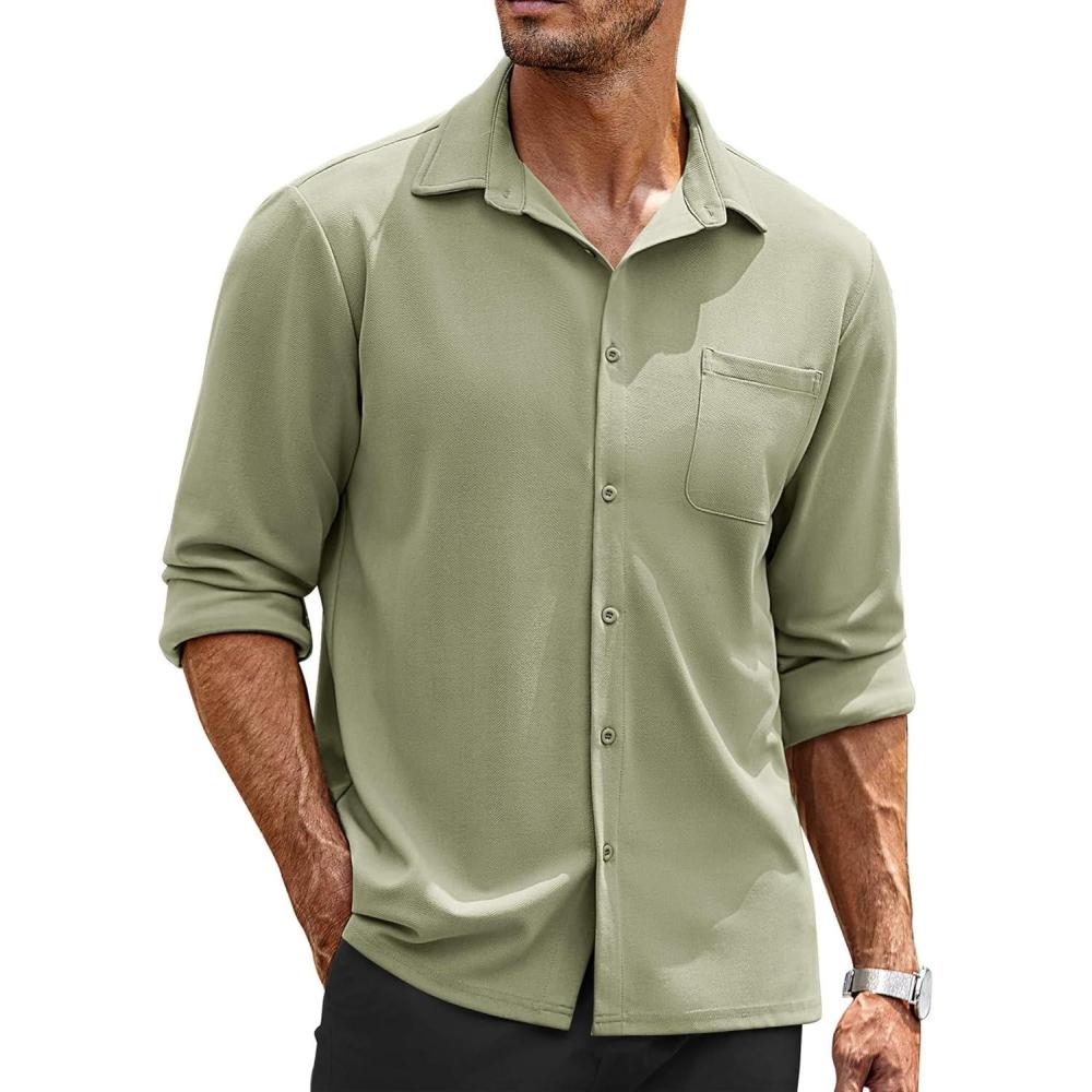 imageCOOFANDY Mens Long Sleeve Button Down Shirts Wrinkle Free Untucked Shirts Casual Dress Shirt for MenLight Green