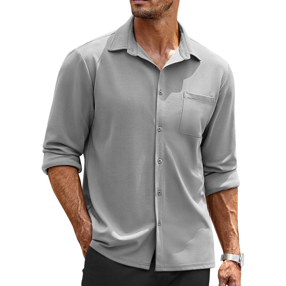 imageCOOFANDY Mens Long Sleeve Button Down Shirts Wrinkle Free Untucked Shirts Casual Dress Shirt for MenLight Grey