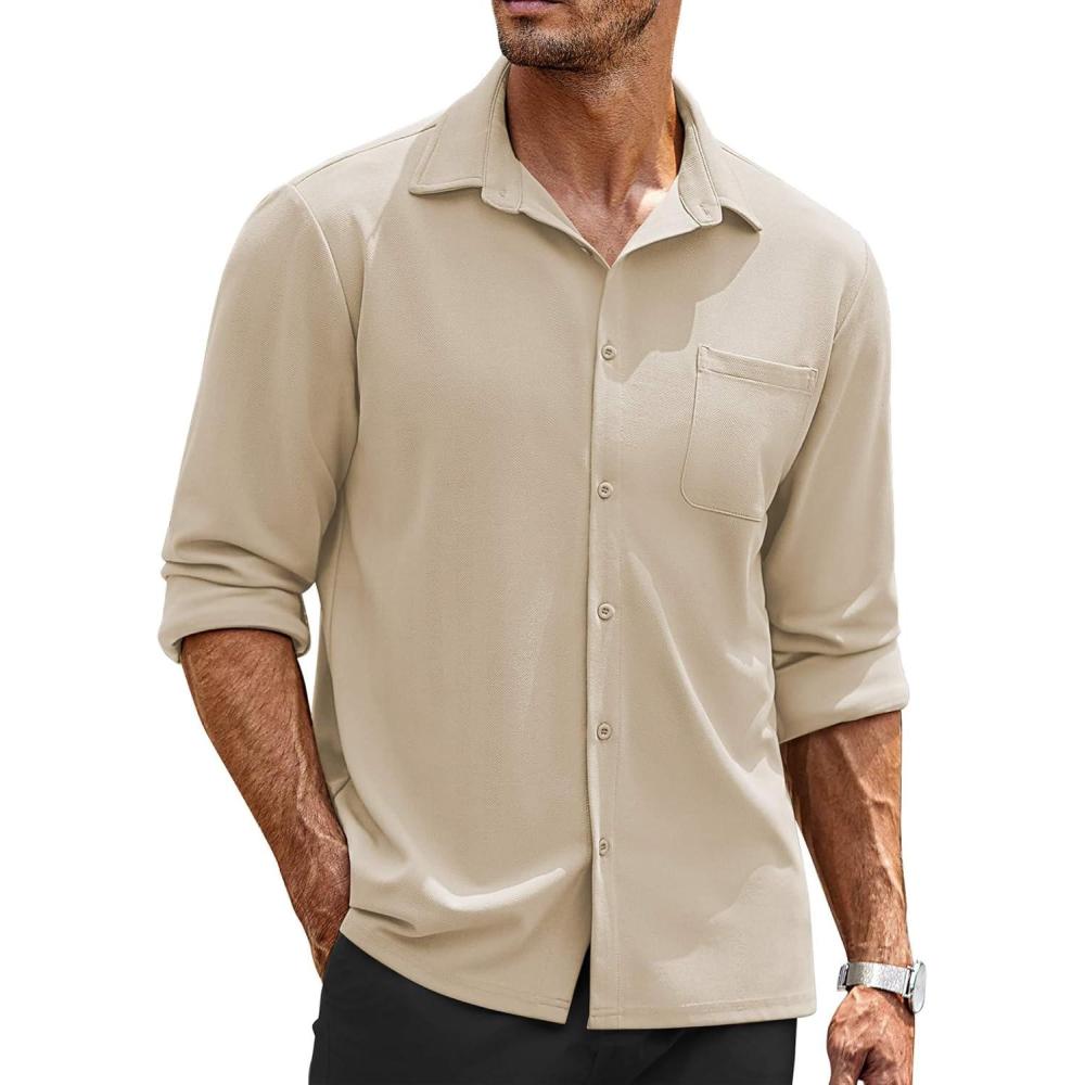 imageCOOFANDY Mens Long Sleeve Button Down Shirts Wrinkle Free Untucked Shirts Casual Dress Shirt for MenLight Khaki