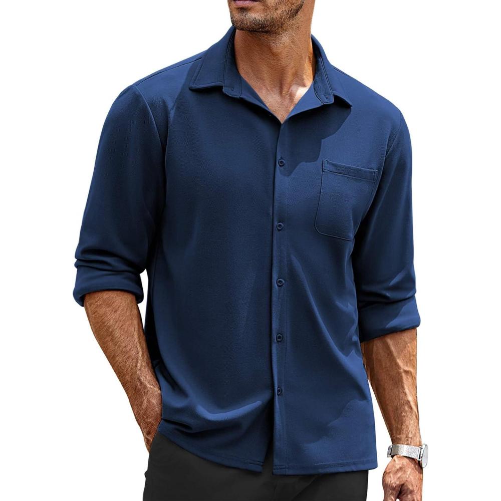 imageCOOFANDY Mens Long Sleeve Button Down Shirts Wrinkle Free Untucked Shirts Casual Dress Shirt for MenNavy Blue