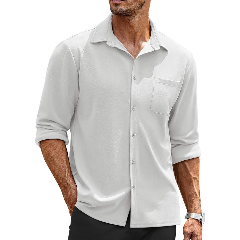 imageCOOFANDY Mens Long Sleeve Button Down Shirts Wrinkle Free Untucked Shirts Casual Dress Shirt for MenWhite