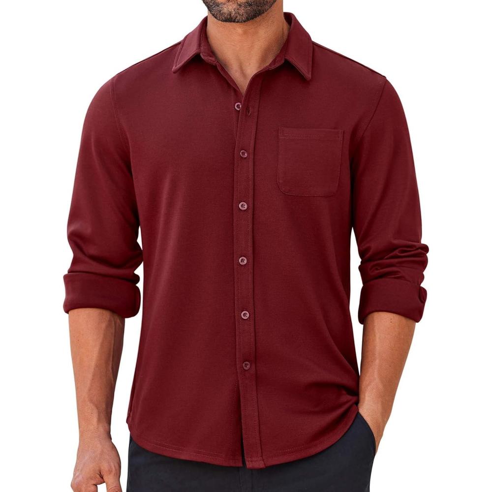 imageCOOFANDY Mens Long Sleeve Button Down Shirts Wrinkle Free Untucked Shirts Casual Dress Shirt for MenWine Red
