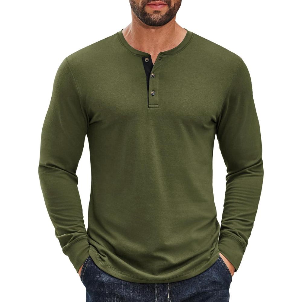 imageCOOFANDY Mens Long Sleeve Henley Shirts Cotton TShirts Casual Pullover Shirt Soft Stretch Basic Tees Fall TopsArmy Green